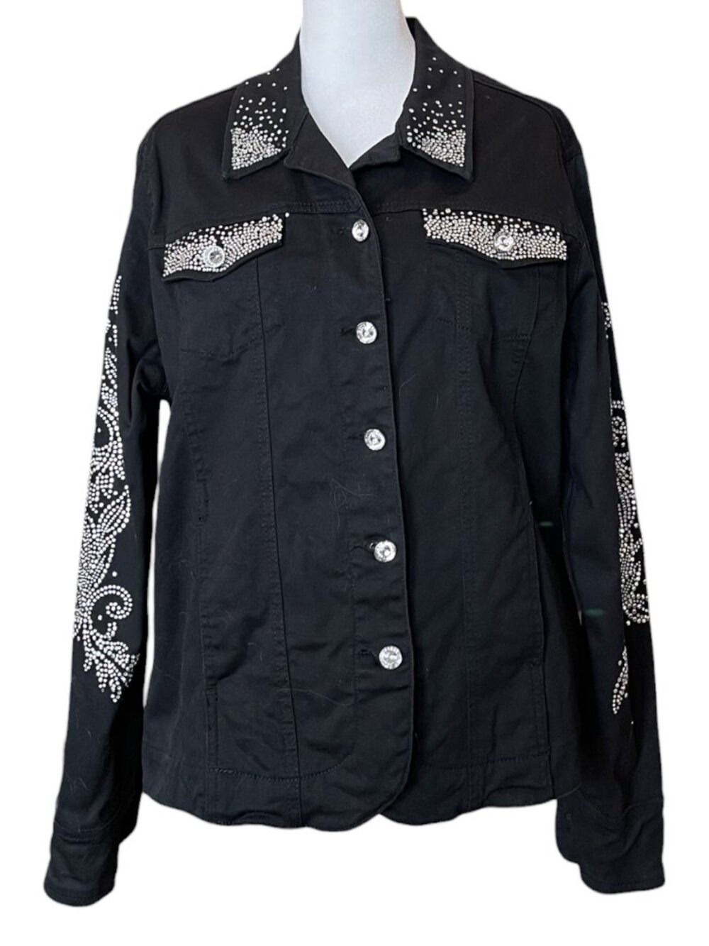 Black Cotton Jacket with Rhinestones and Pockets